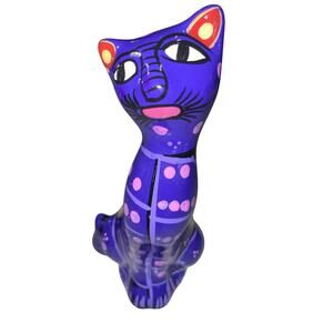 Long Neck Cat Folk Art Purple Mexican Talavera Terra-Cotta Pottery Flowers 6”